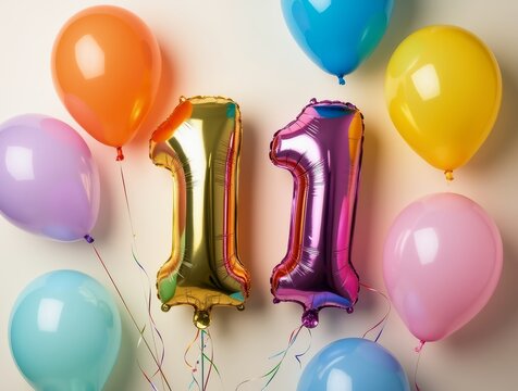 Colorful balloons forming the number eleven for an eleventh birthday party