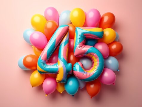 Colorful balloons forming the number 45 for a birthday celebration