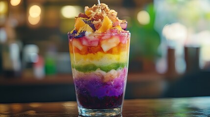 Delicious halo-halo dessert, vibrant Filipino treat layered with fruits and toppings