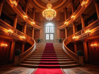 Obraz premium Lavish opera house entrance with red carpet, golden chandeliers and sweeping marble staircase