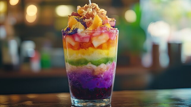 Delicious halo-halo dessert, vibrant Filipino treat layered with fruits and toppings