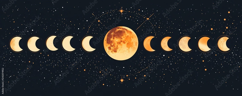 Poster illustration representing the different phases of the moon during a lunar cycle on a starry night sk