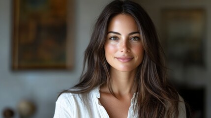 Fototapeta premium Natural Portrait of Smiling Young Woman with Long Brown Hair