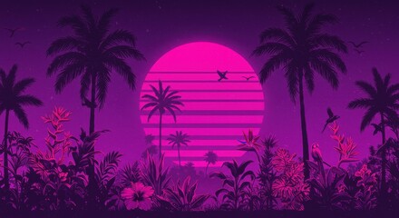 Fototapeta premium Neon tropical sunset scene with palm trees and birds in vibrant pink and purple