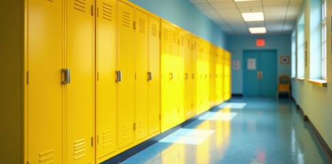 Bright yellow lockers line a school hallway mockup wall Back to school theme , education supplies, interior