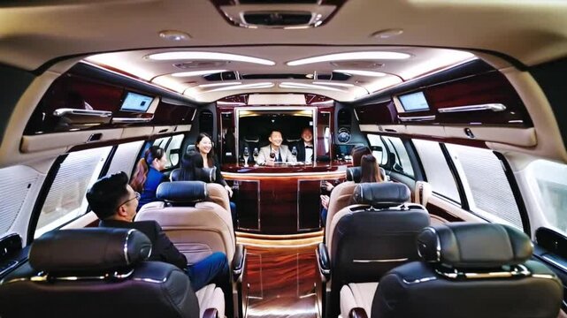 A luxurious limousine interior featuring a sleek, stylish bar equipped with premium finishes, ambient lighting, and ample seating, creating the perfect party atmosphere for entertainment and socializi