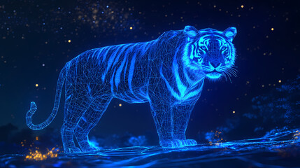 A blue wireframe tiger standing majestically under a starry night, emphasizing digital dreamscapes, power, and the imagination mining realms of second sight. Animal Kingdom Inspirations. Illustration