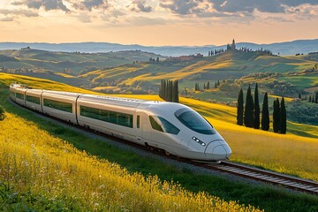 Fototapeta premium Hydrogen Powered Train Gliding Through Scenic Countryside Landscape