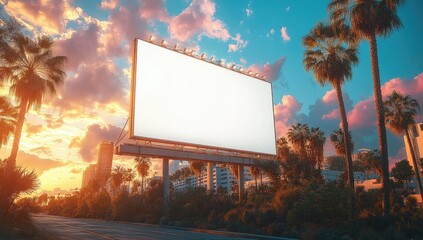 Blank billboard at sunset, surrounded by palm trees and city buildings.  Vibrant colors, warm lighting, pixel art style.  Perfect for advertising or promotional purposes