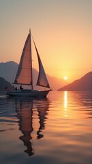 Serene sailboat at sunset on calm lake with majestic mountains in the background