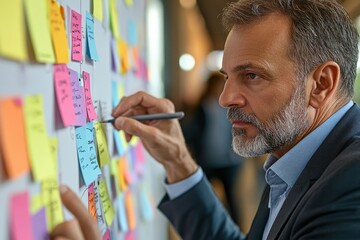 Professional Trainer Explaining Strategy on Modern Flat Board with Warm Hues in Corporate Office Setting During Collaborative Team Meeting