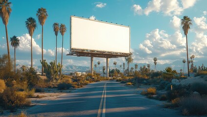 Blank billboard on a deserted road, surrounded by palm trees under a partly cloudy sky. Daytime shot with warm sunlight casting shadows.  The road appears overgrown, suggesting a sense of abandonment