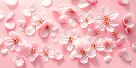 Fototapeta premium White rose petals over pink background, Pink Blossom Flower Bundle, Elegant arrangement of pink cherry blossom petals