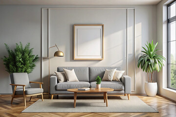 Fototapeta premium Modern gray sofa, sunlit living room, hardwood floor, mockup poster, interior design