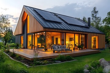 Fototapeta premium Sustainable Smart Home with Solar Panels Rainwater Collection and Energy Efficient Design for