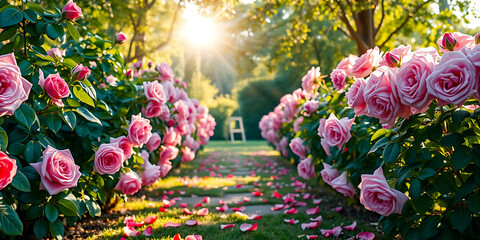 Rose Garden Path, Magic Garden, Sunset garden path romantic, Maternity backdrop, wedding backdrop, photography background