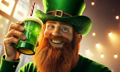 A cheerful leprechaun holds a drink in a festive setting.