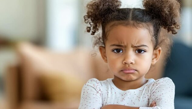 A Young Girl with Curly Hair Expressing Anger and Frustration at Home, Captured in a Moment of Emotion and Contemplation, Showcasing Childhood Experiences and Feelings