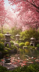 Obraz premium Serene japanese garden with cherry blossoms and tranquil pond