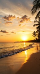 Tropical beach sunset with palm trees and gentle waves at golden hour