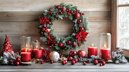 Rustic wooden wall adorned with christmas wreath, pine cones, red ornaments, and lit candles