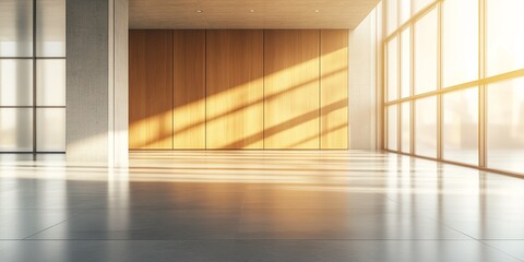 Modern 3D Rendered Minimalist Interior with Office and Living Space Elements, Concrete Floors, Oak Walls, and Soft Sunlight for a High-End Design Look