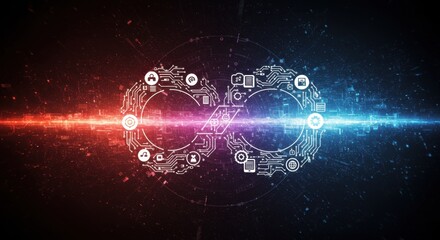 Obraz premium Futuristic devops concept with digital circuitry and technology infinity loop