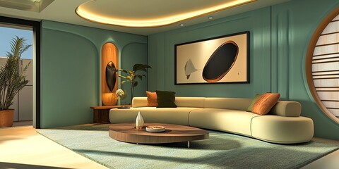 Modern Living Room Interior with Beige Curved Sofa, Blue and Green Accents, Abstract Wall Art, and Soft Ambient Lighting - 3D Render