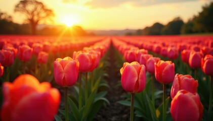 Golden hour illuminates endless rows of blooming tulips, creating breathtaking vista , botanical, pink