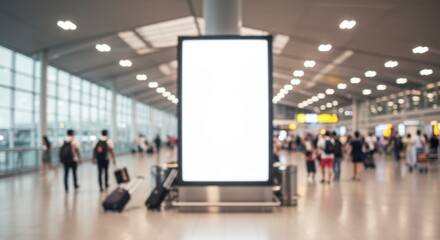 Obraz premium Blank advertising billboard in busy airport terminal with travelers