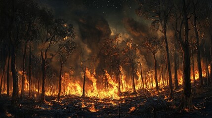 Dramatic Night Forest Fire with Glowing Flames and Smoke Filling the Dark Sky, Charred Trees and Ash Creating a Scene of Destruction and Devastation