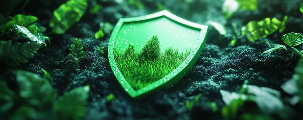 Green shield is protecting a forest, advocating for the preservation of nature and environmental sustainability