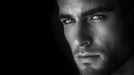 Obraz premium Intense man portrait, dark background, serious expression, fashion use