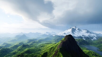 Fototapeta premium Rain Over Lush Green Mountains and Snowy Peaks