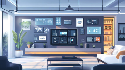 Modern smart home interior with connected devices and technologies. Interactive & Kinetic Designs. Illustration