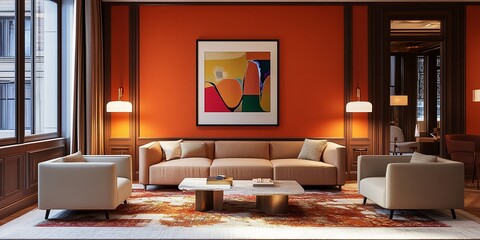 Modern 3D Living Room with Burnt Orange Accent Wall, Beige Sofa and Abstract Artwork in a Cozy Contemporary Style