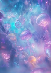 Obraz premium Surreal Underwater Fantasy with Floating Jelly-Like Structures and Dreamy Glow in Soft Pink and Blue Hues