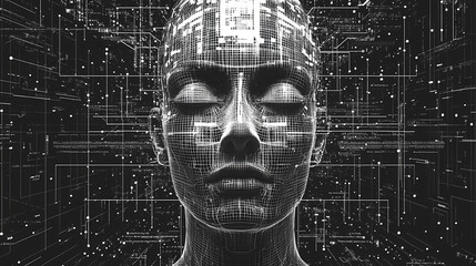 Stock's wireframe face in cyberspace, set against an interactive technology backdrop. Interactive & Kinetic Designs. Illustration