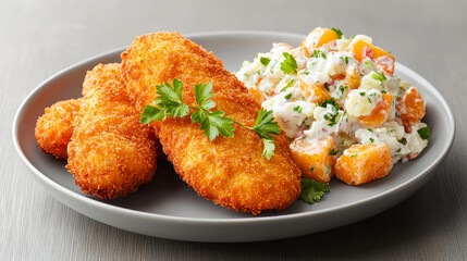 Enjoying a crispy Wiener schnitzel served with creamy potato salad and a touch of parsley in warm inviting light at a cozy dining table