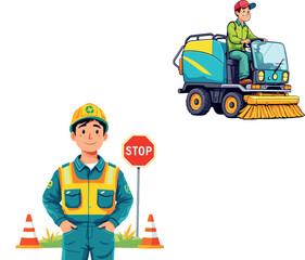 Street cleaning crew maintaining road safety and hygiene with stop sign and sweeper truck
