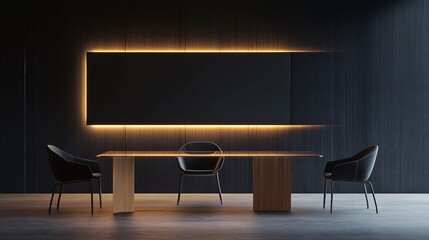 Minimalist Conference Room with Floating Oak-Glass Table, Modern Chairs, LED Lighting, and Matte Digital Display – High-Definition 3D Render
