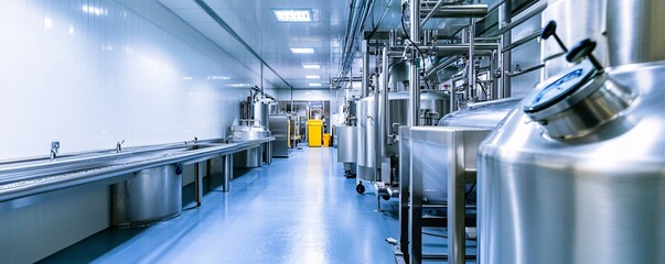 Shiny interior of a modern beer factory with stainless steel equipment, showing the brewing process