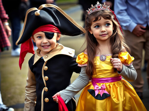 Children wearing pirate and princess costumes holding hands - Powered by Adobe