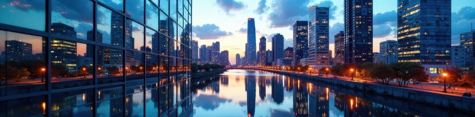 Naklejka premium Glass tower, city reflection, abstract textures, urban, skyscraper