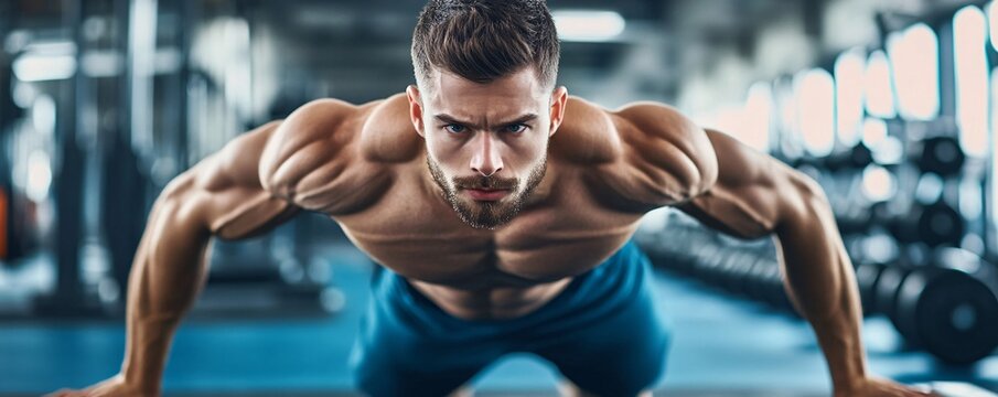Muscular man is giving his all while doing push-ups in a modern gym