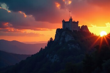 Obraz premium Golden hour light bathes Castle Rock's silhouette, dramatic sky , grandeur, nature