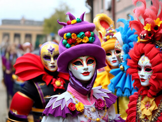 People wearing colorful costumes and masks posing at carnival parade