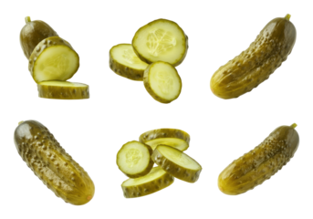 Various sliced and whole pickles isolated on transparent background