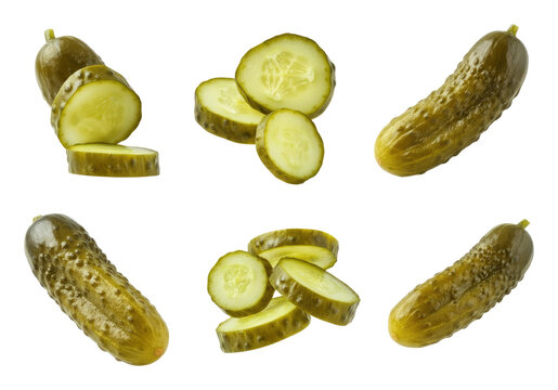 Various sliced and whole pickles isolated on transparent background