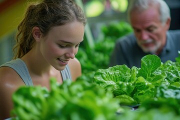 Obraz premium Young woman inspecting lush green lettuce plants in a hydroponic garden, an older man observes in the background.